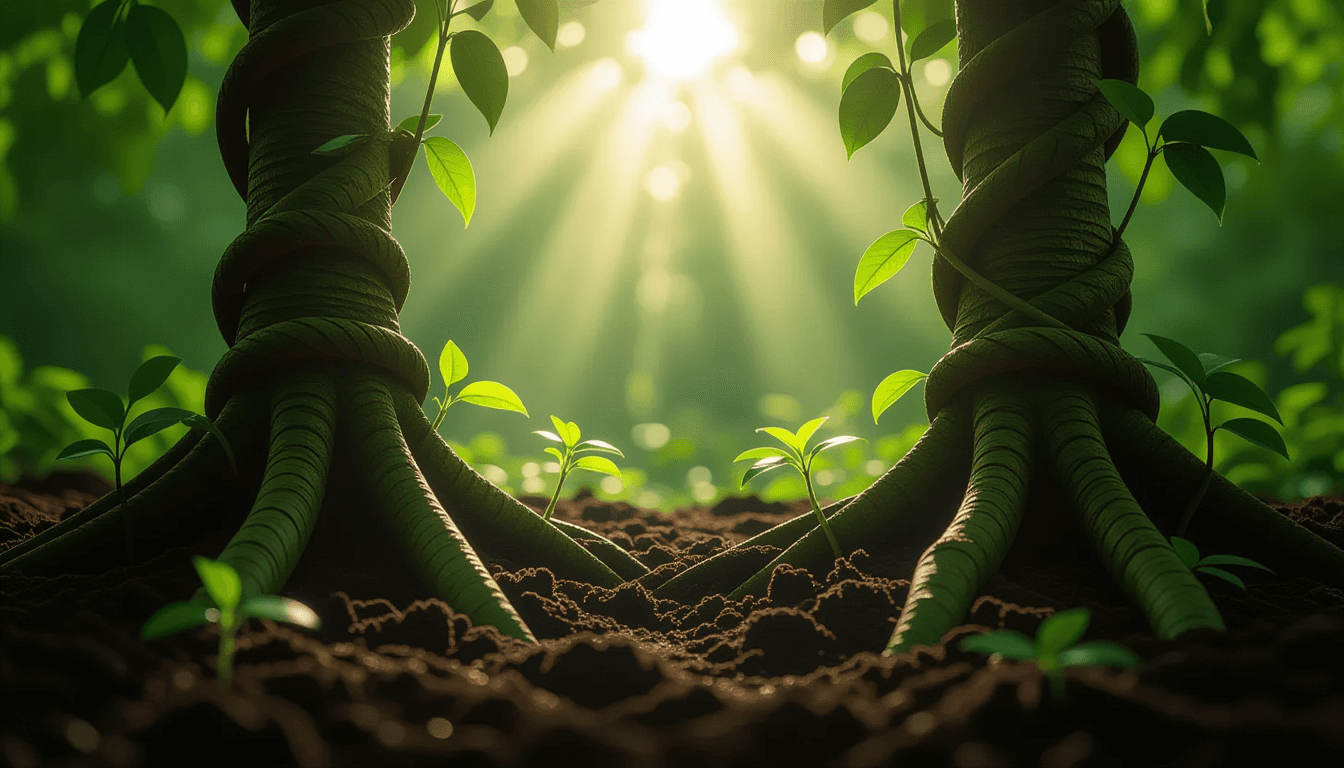 Sunlight filters through a dense canopy, illuminating thick, twisting vines that anchor into rich, d