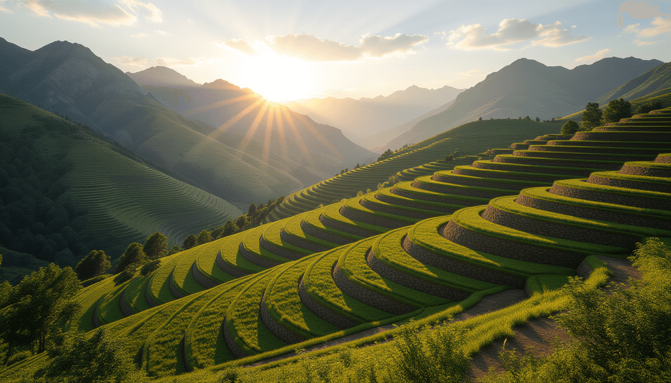 Golden hour light cascades over a rugged mountain valley, illuminating distinct terraced layers of g