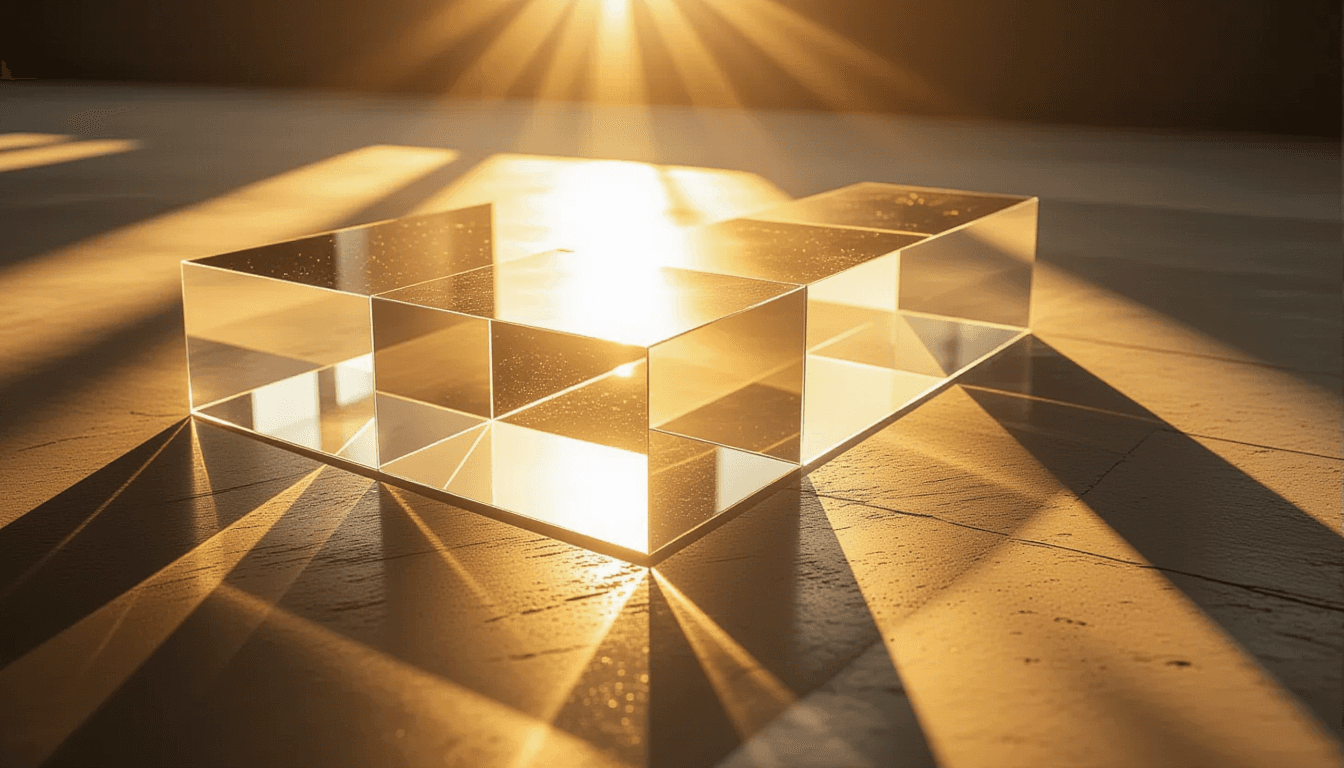 Golden hour light fractures through layered translucent acrylic planes, casting sharp, tessellated s