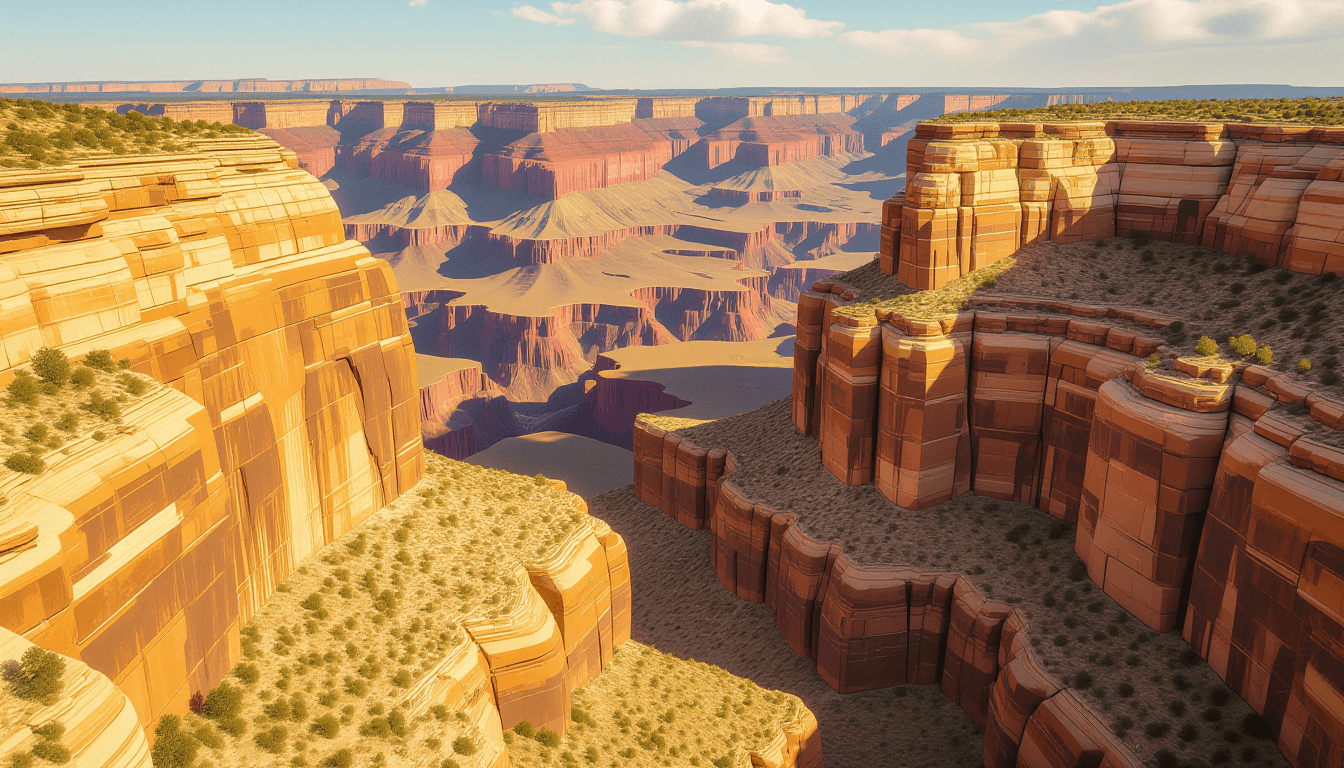 Golden hour light washes over rugged canyon walls, highlighting the sharp contrast between deep shad