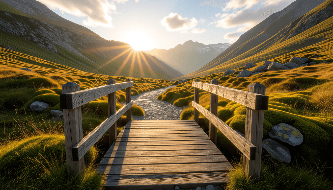 A weathered wooden footbridge spans a mossy ravine, leading toward a sun-drenched mountain pass unde