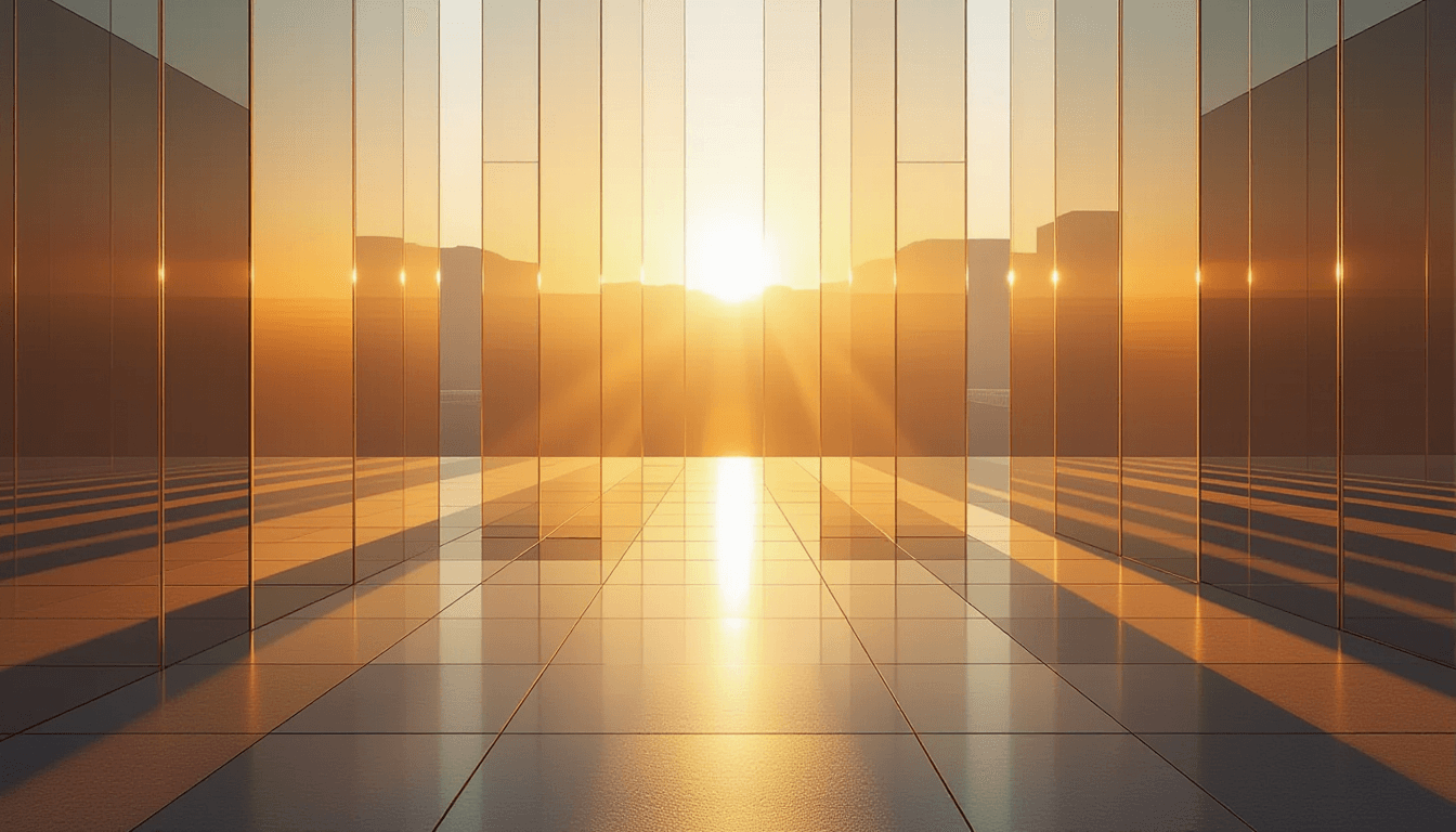 Golden hour light filters through layered translucent acrylic platforms suspended over a geometric t