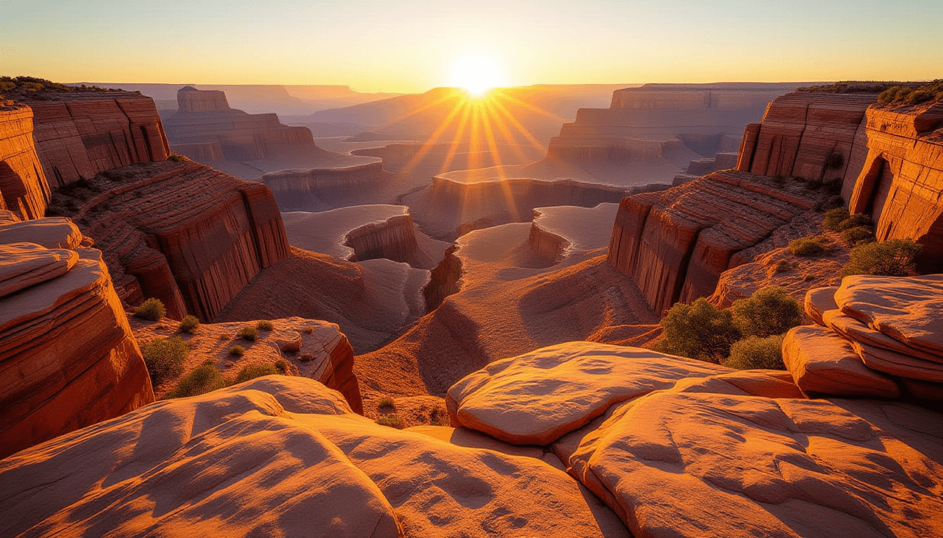 Golden hour light spills across a vast, undulating canyon floor, highlighting the smooth, worn stone