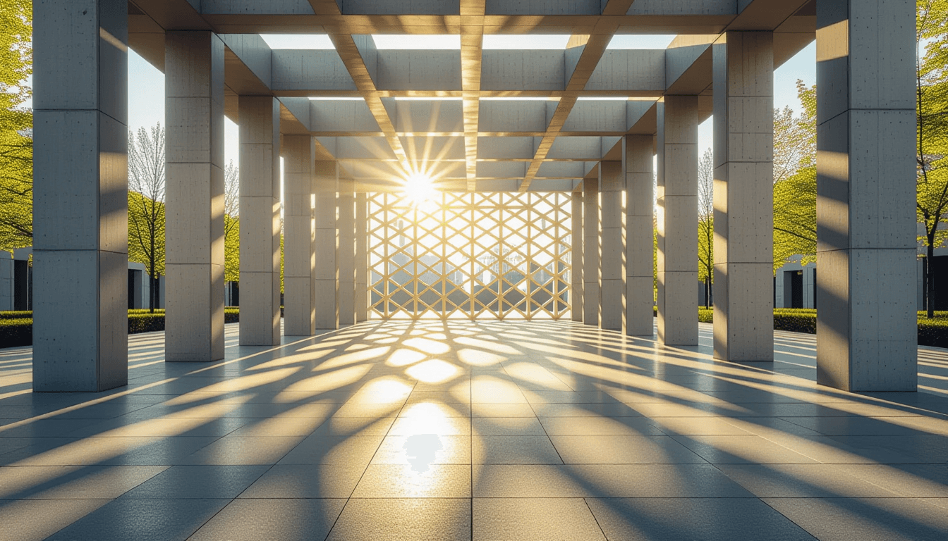 Sunlight slices through the geometric lattice of a concrete pavilion, casting sharp, intersecting sh