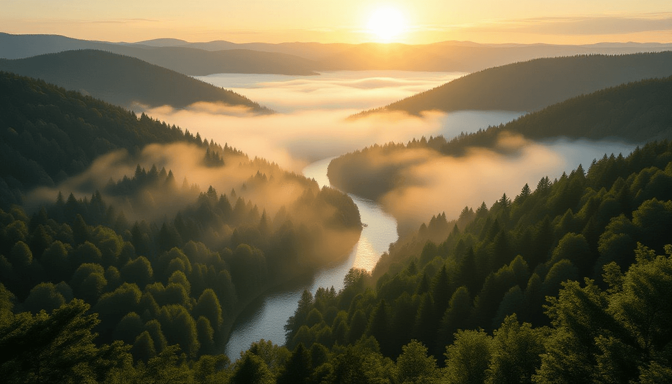 Golden hour light washes over a vast, misty valley floor, revealing a winding river that abruptly cu