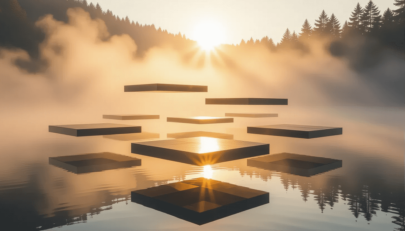 Golden hour light catches floating geometric platforms suspended in mist, their layered translucent
