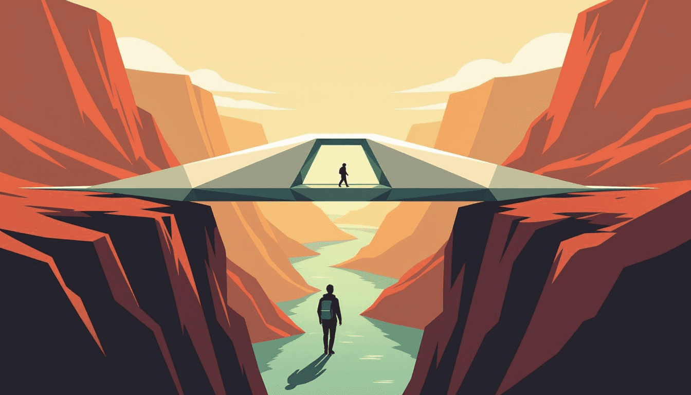 A minimalist traveler pauses at a sleek, geometric bridge spanning a deep chasm, stepping toward a s