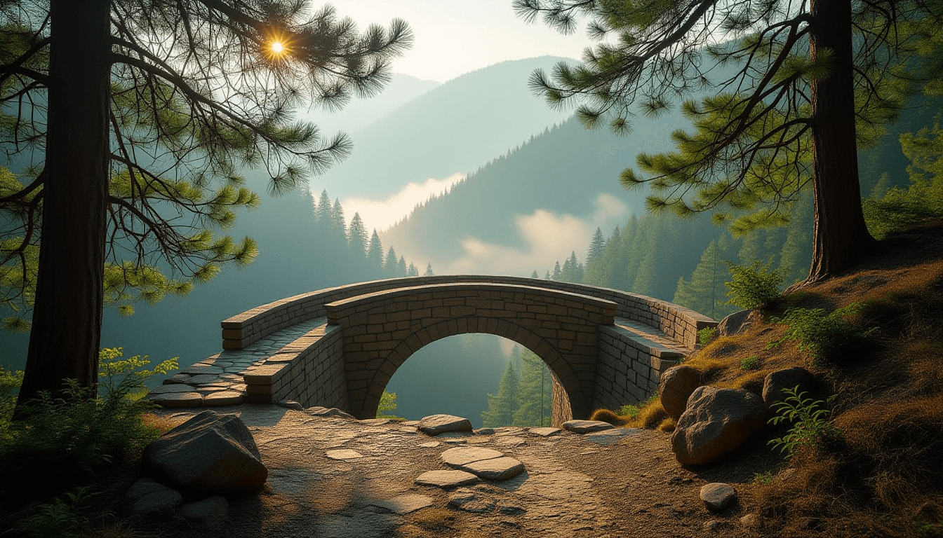 Misty dawn light filters through pine needles onto a rugged mountain pass, where a narrow stone brid