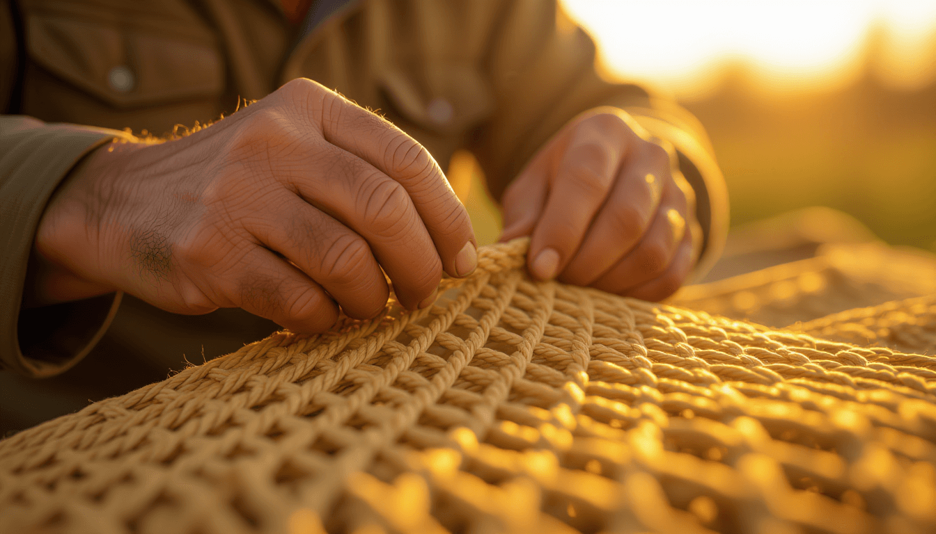 Golden hour light glints off calloused fingers meticulously weaving thick hemp fibers into a complex