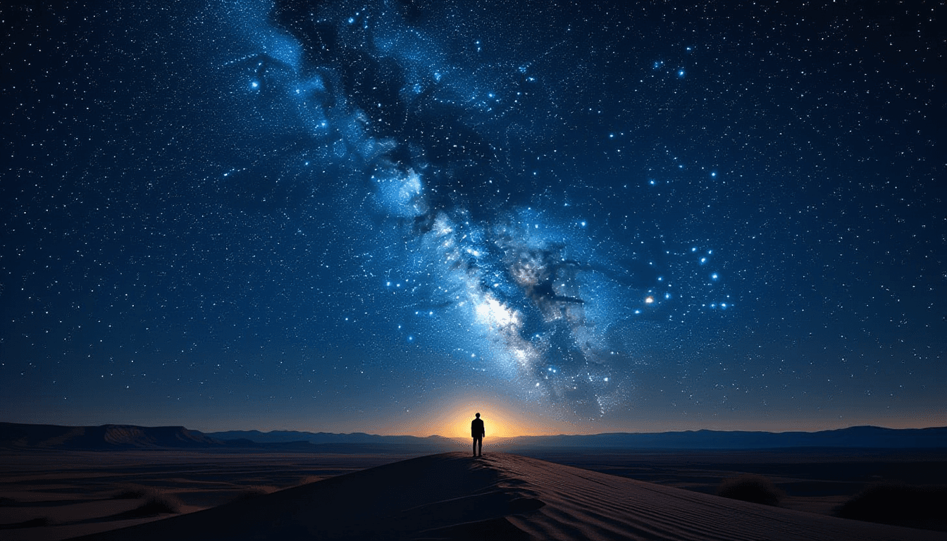 A lone figure stands on a desolate desert ridge under a vast, star-filled sky, the Milky Way arching