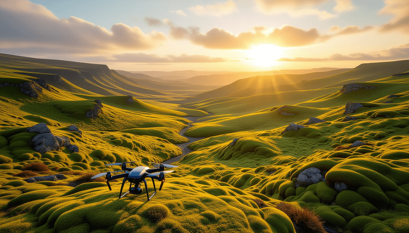 A drone captures the vast, undulating expanse of a moss-covered valley at golden hour, emphasizing t