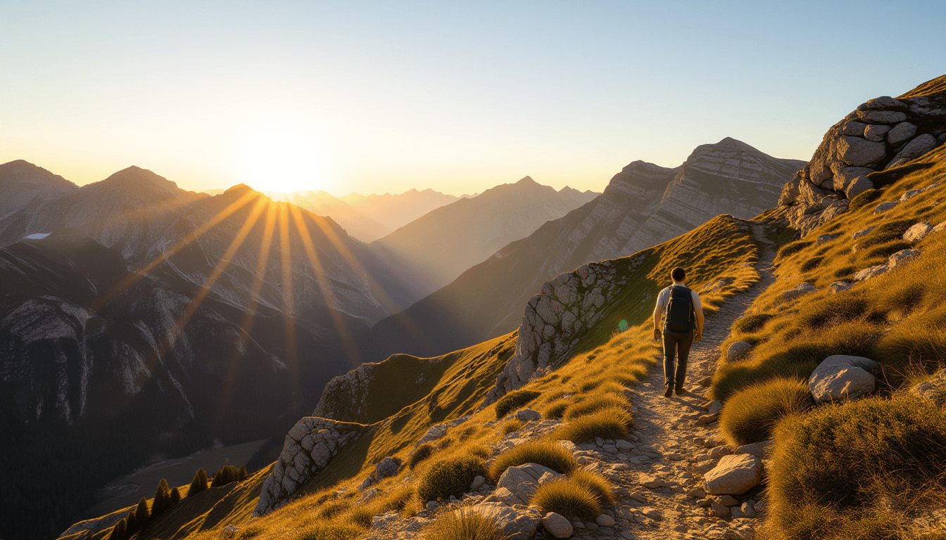 Golden hour light casts long, jagged shadows across a rugged mountain pass, highlighting the steep