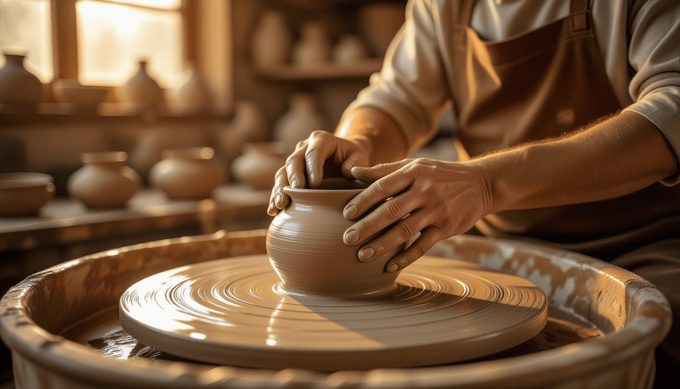 Golden hour light glints off a potter’s hands smoothing wet clay on a spinning wheel, the blurred ba