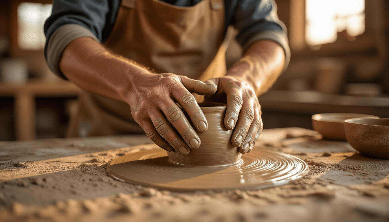 Golden hour light glows on calloused fingers pressing wet clay into form, the shallow depth of field