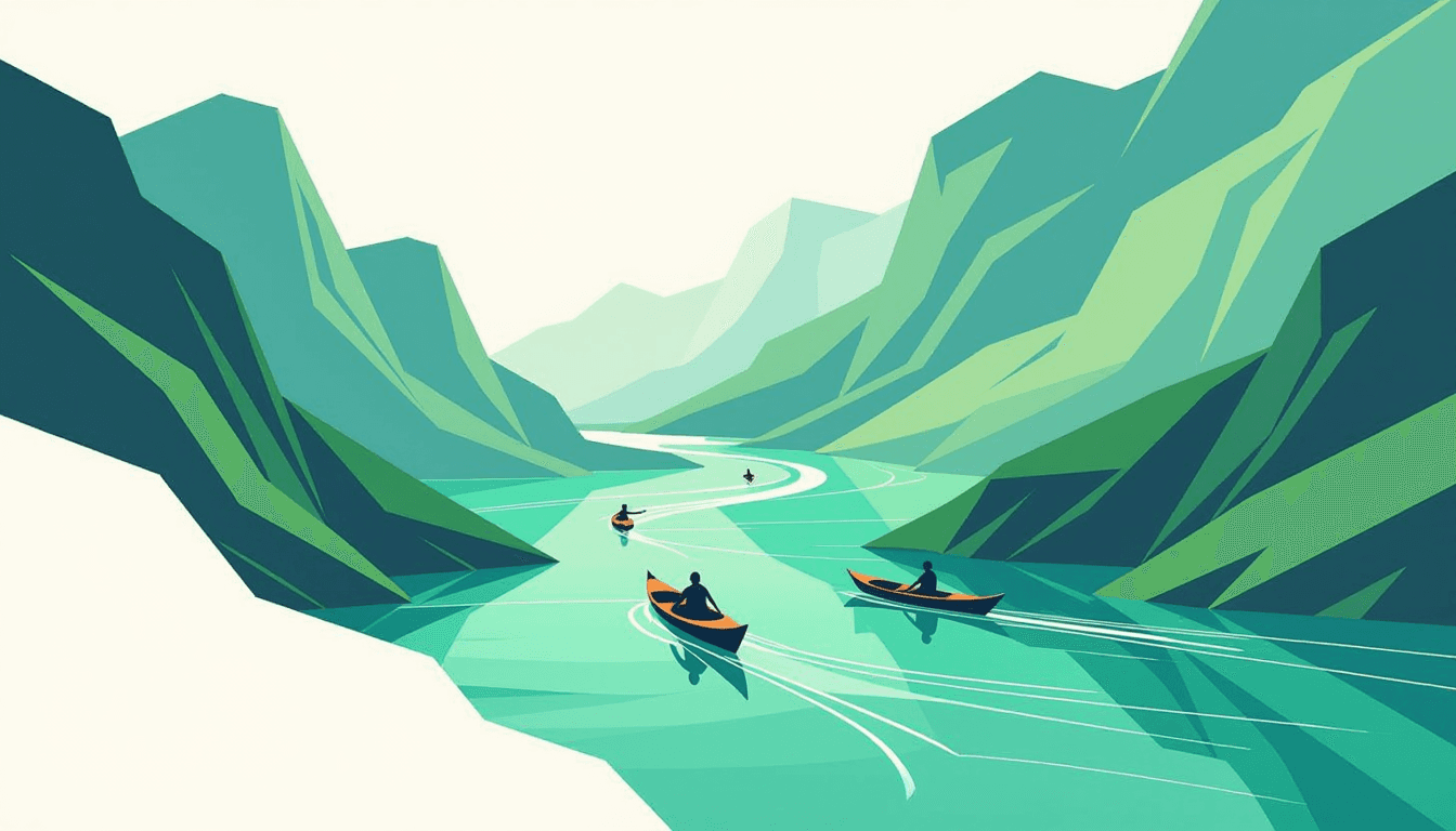 A sleek emerald river carves through geometric stone, its fluid current guiding sleek boats toward a