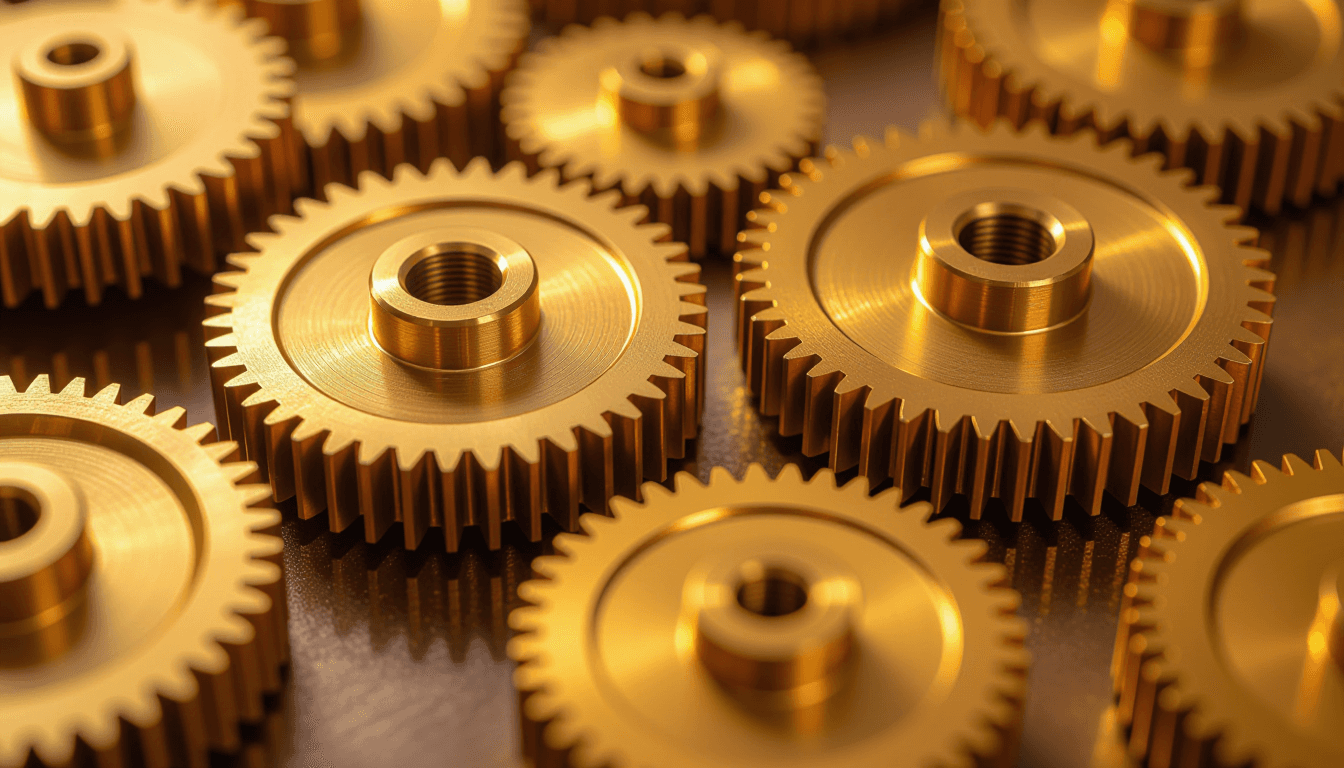 Brass gears mesh tightly under warm amber light, their polished surfaces reflecting a sense of preci
