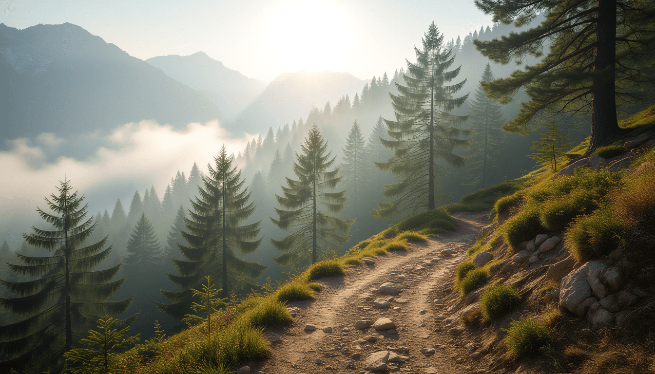 Misty morning light filters through a dense pine forest, illuminating a rugged dirt trail that winds