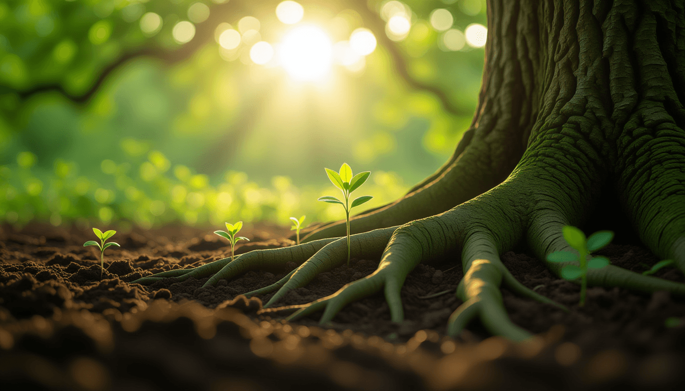 Morning light filters through a dense oak canopy, illuminating tangled roots gripping the soil. A sh