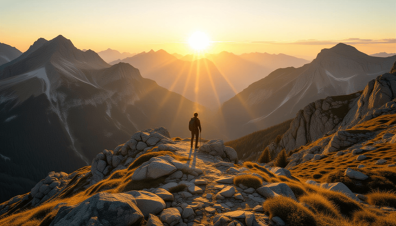 Golden hour light floods a rugged mountain valley, casting long, revealing shadows across the rocky