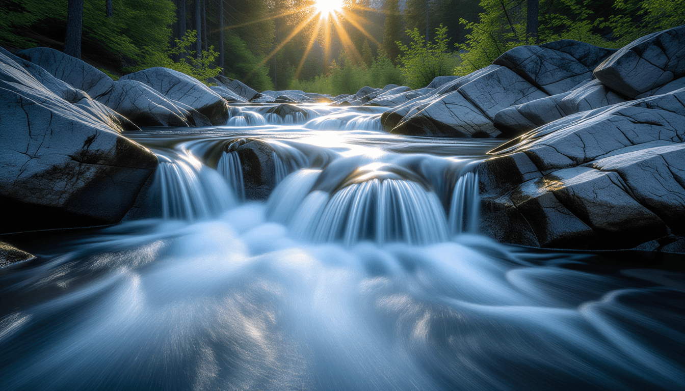 Sunlight fractures through the white-capped rush of a mountain river, captured with a long exposure
