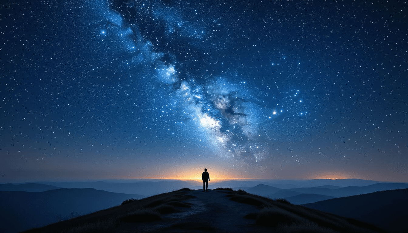 A lone silhouette stands on a wind-swept ridge, dwarfed by the Milky Way’s sprawling arc above. The