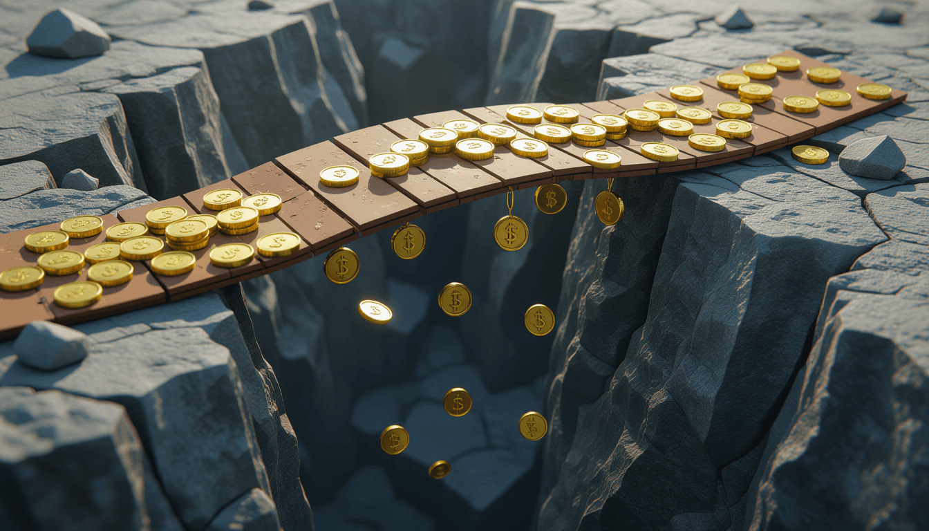 A fragile, paper-thin bridge of cheap materials groans under the weight of gold coins, crumbling int