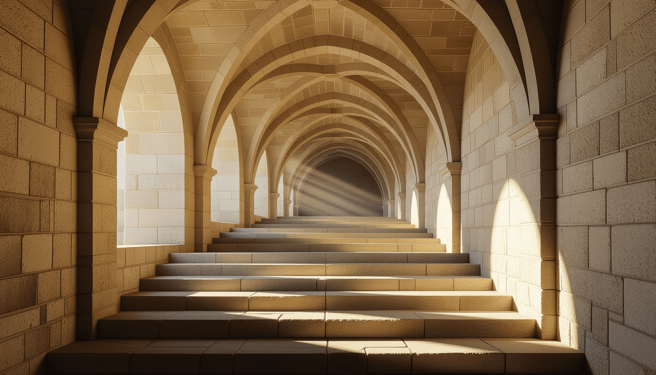 Morning light streams through the rhythmic stone arches of a historic vaulted corridor, casting long