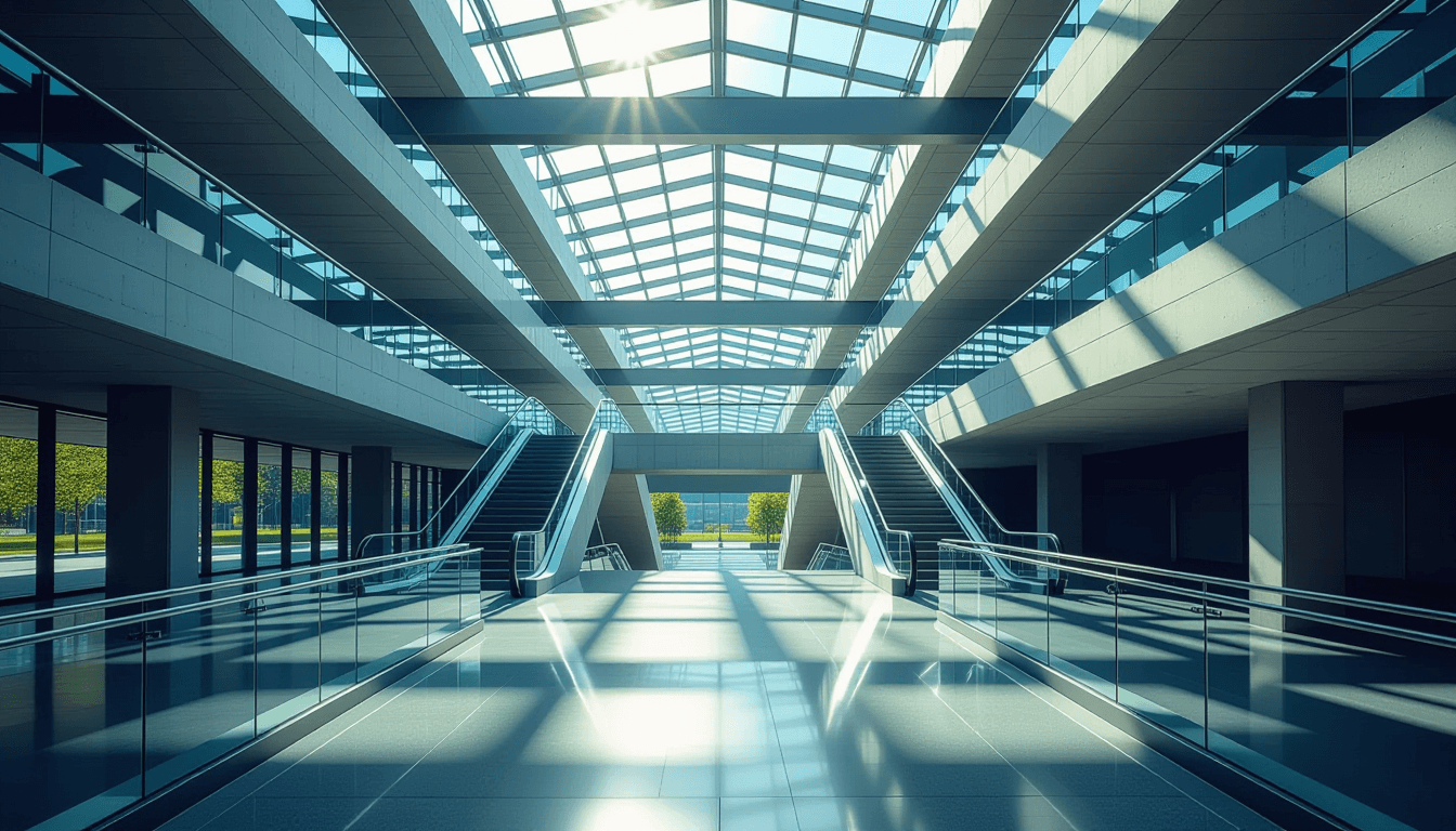 Sunlight filters through a modern glass atrium, highlighting intersecting steel beams and concrete r