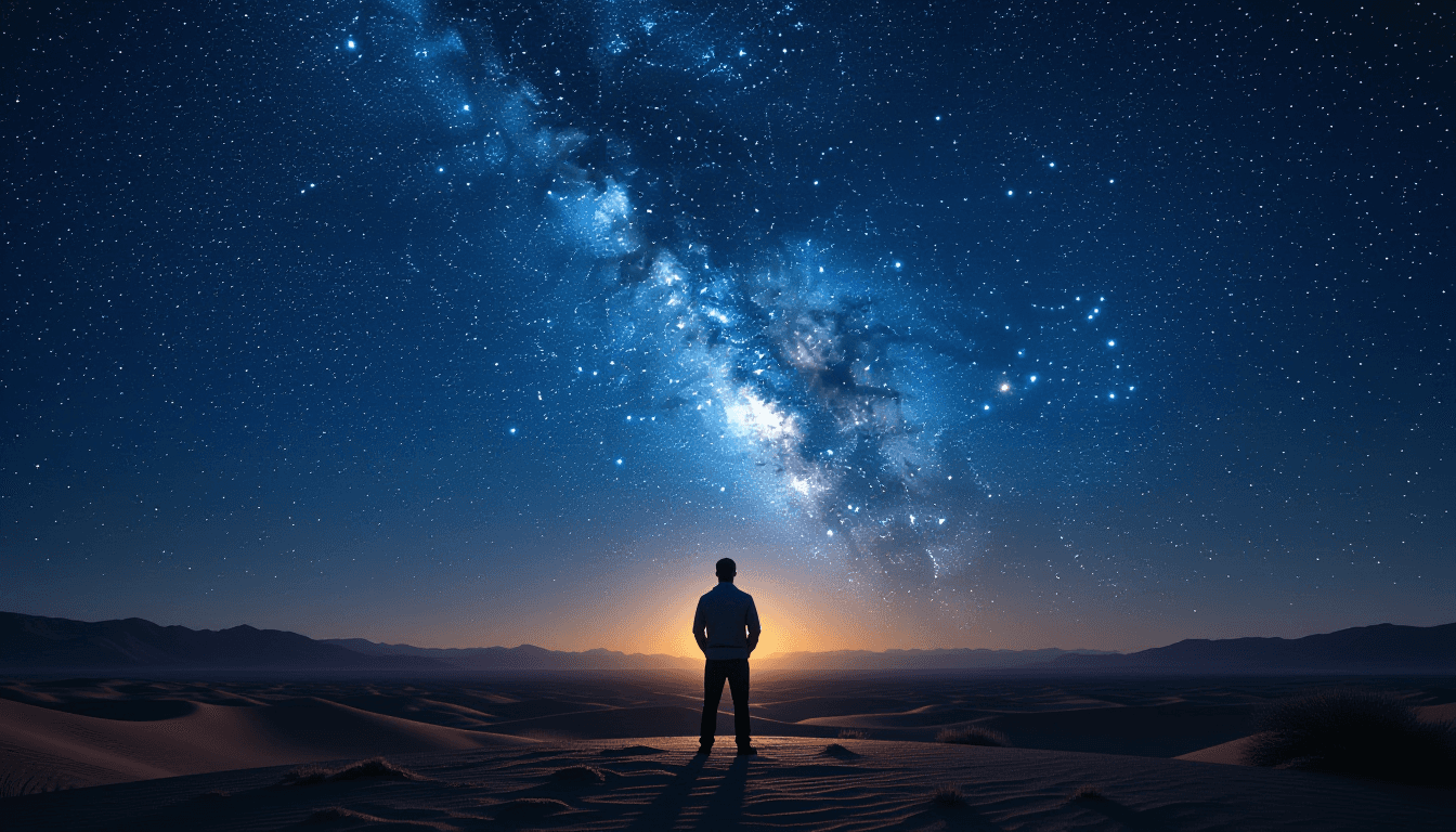A lone engineer stands silhouetted against a starlit desert horizon, looking up at the Milky Way's v