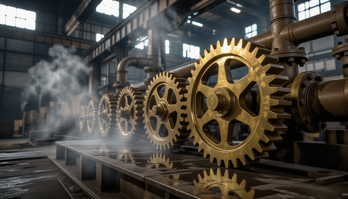 Brass gears interlock within a dim industrial warehouse, steam hissing from rusted pipes under harsh