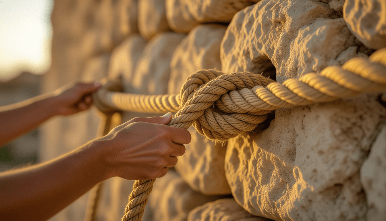Golden hour light washes over rough-hewn stone walls where weathered hands gently guide thick hemp r
