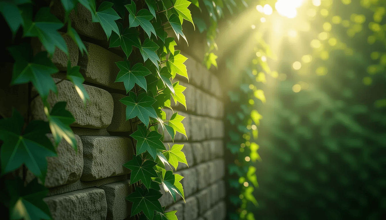 Sunlight filters through a dense, verdant canopy, illuminating thick ivy vines that twist and spiral