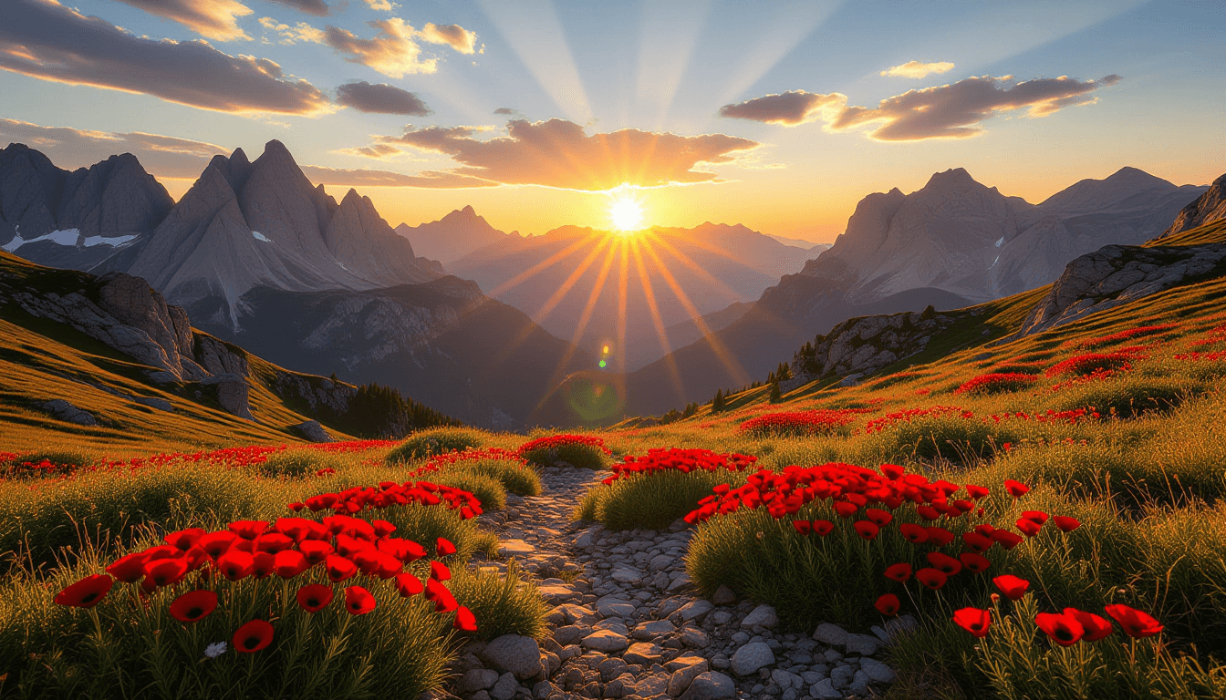 Sunset flares over jagged peaks, casting long, fractured shadows across a winding valley floor, wher