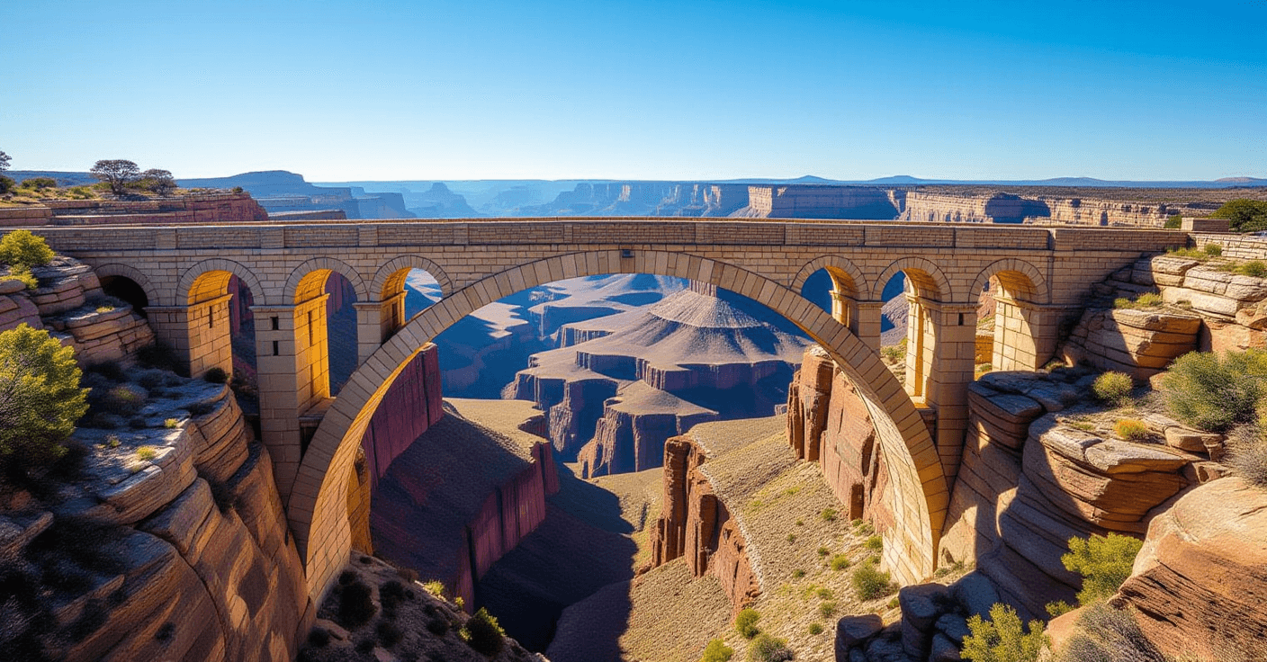 Sun-drenched stone bridge spans a deep valley, its arch framing the rugged terrain below under a cle