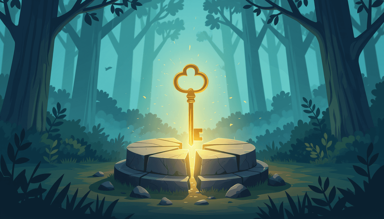 A glowing golden key emerging from a cracked stone pedestal, illuminating a path through a misty for