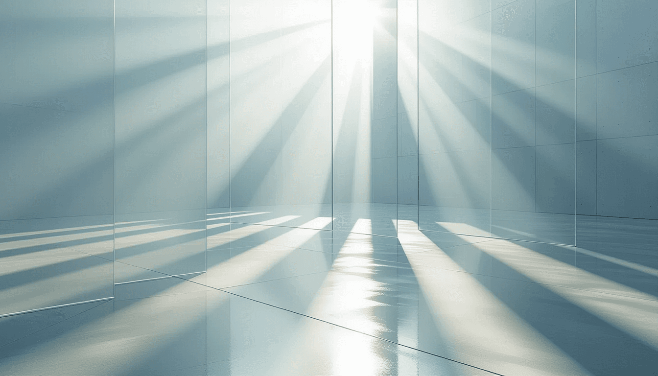 Sunlight pierces through layered translucent planes of frosted acrylic, casting sharp geometric shad