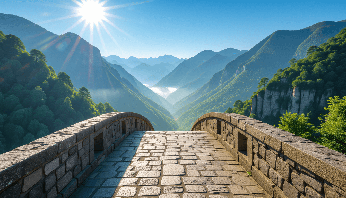 A sunlit stone bridge spans a misty gorge, its weathered arches leading the eye toward distant, hazy