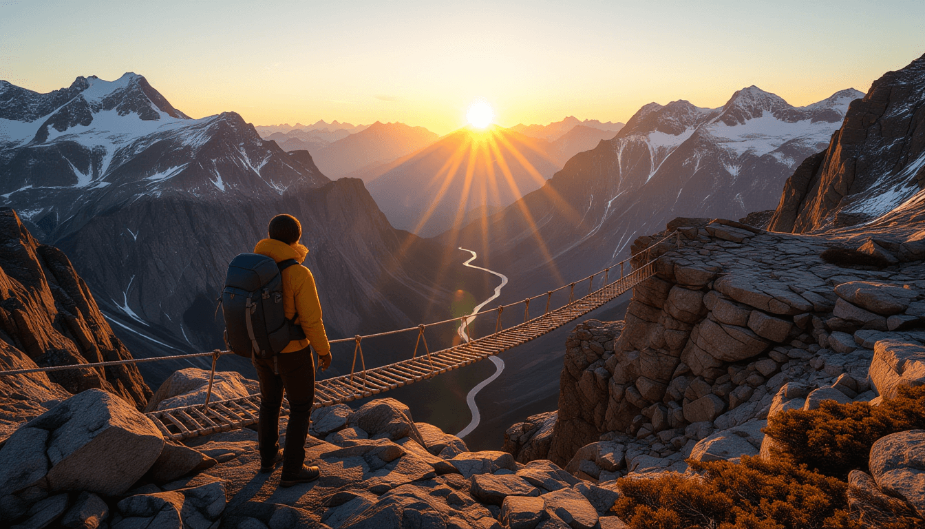 A lone hiker pauses on a rugged mountain pass at golden hour, overlooking a treacherous chasm spanne