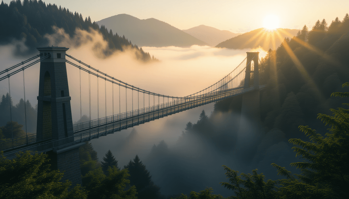 A misty suspension bridge spans a deep forest ravine at golden hour, its cables pulling tight agains
