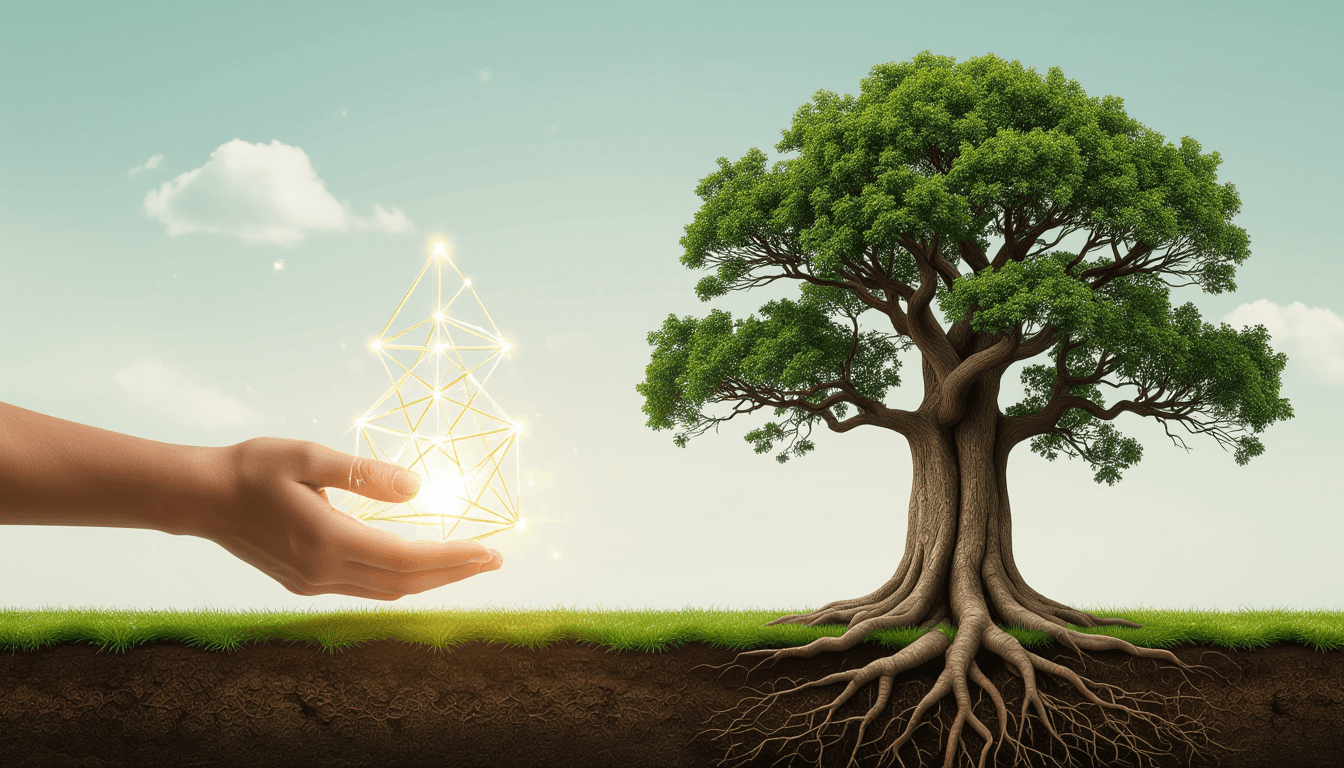 A human hand gently steadies a precarious, glowing geometric tower built by machine, while a sturdy