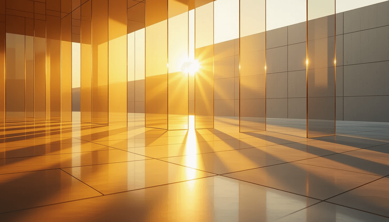 Golden hour light refracts through layered translucent acrylic planes arranged in a tessellated grid