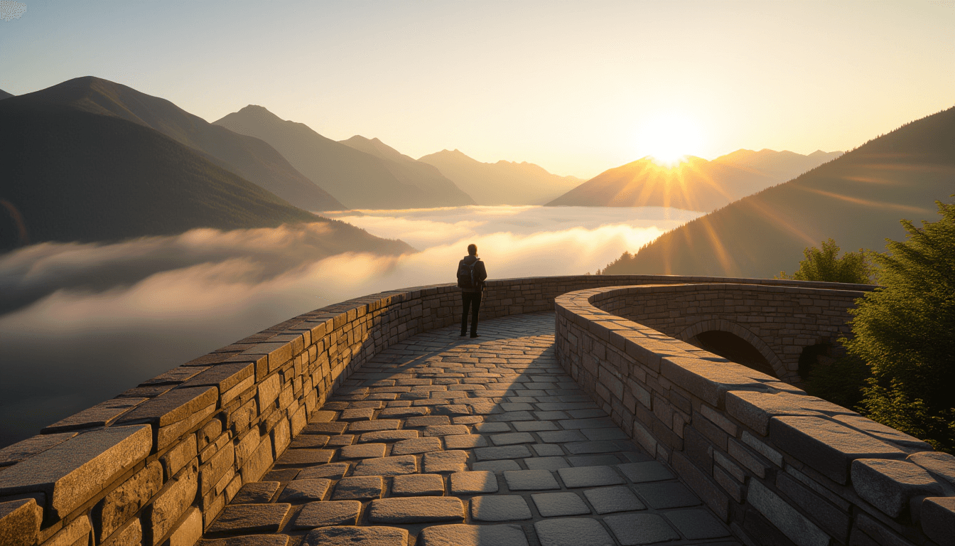 A stone bridge spans a deep, misty valley at golden hour, its worn steps leading toward a sunlit mou