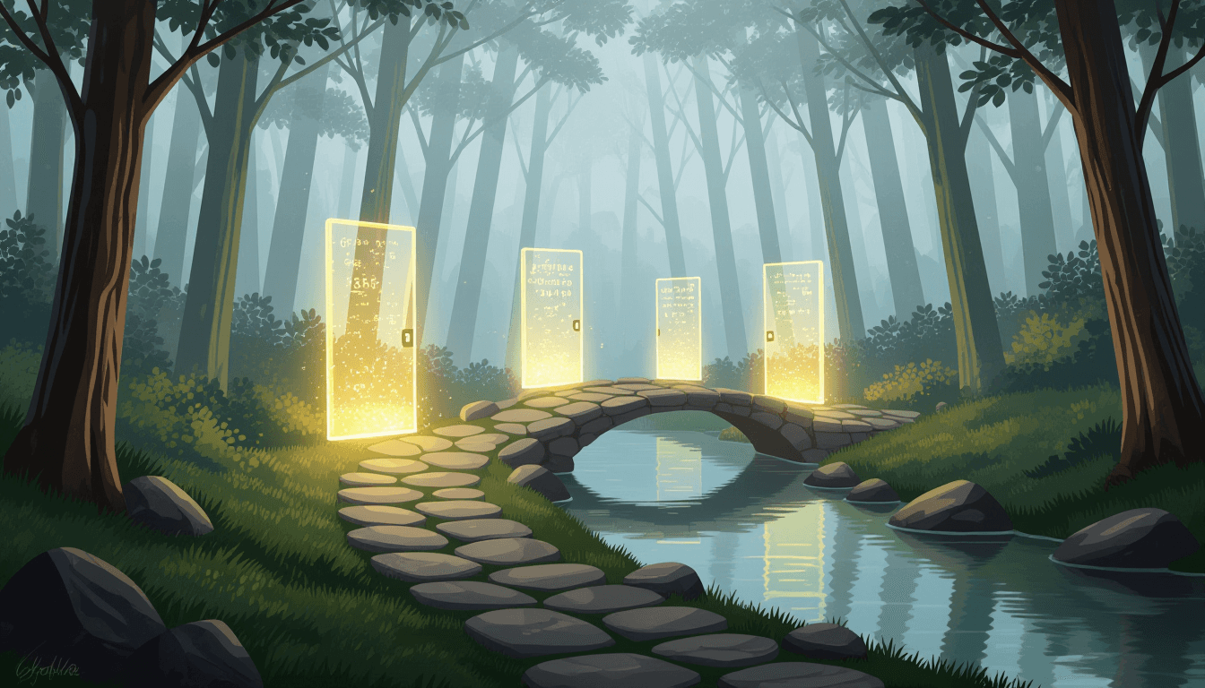 A stone path winds through a misty forest, where translucent doors labeled with data symbols dissolv