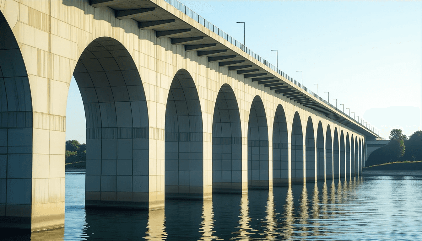Dramatic low-angle shot of a massive concrete bridge support, its repetitive arches receding into sh