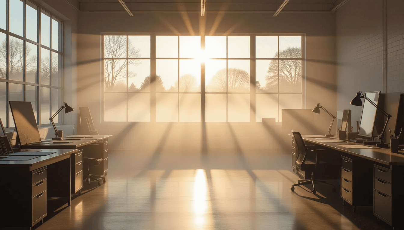 Early morning fog rolls through a minimalist glass studio where sharp shafts of dawn light pierce th