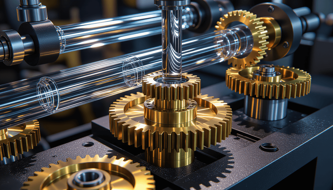 Brass gears mesh with fluid-filled glass tubes under harsh industrial spotlighting. Shallow depth of
