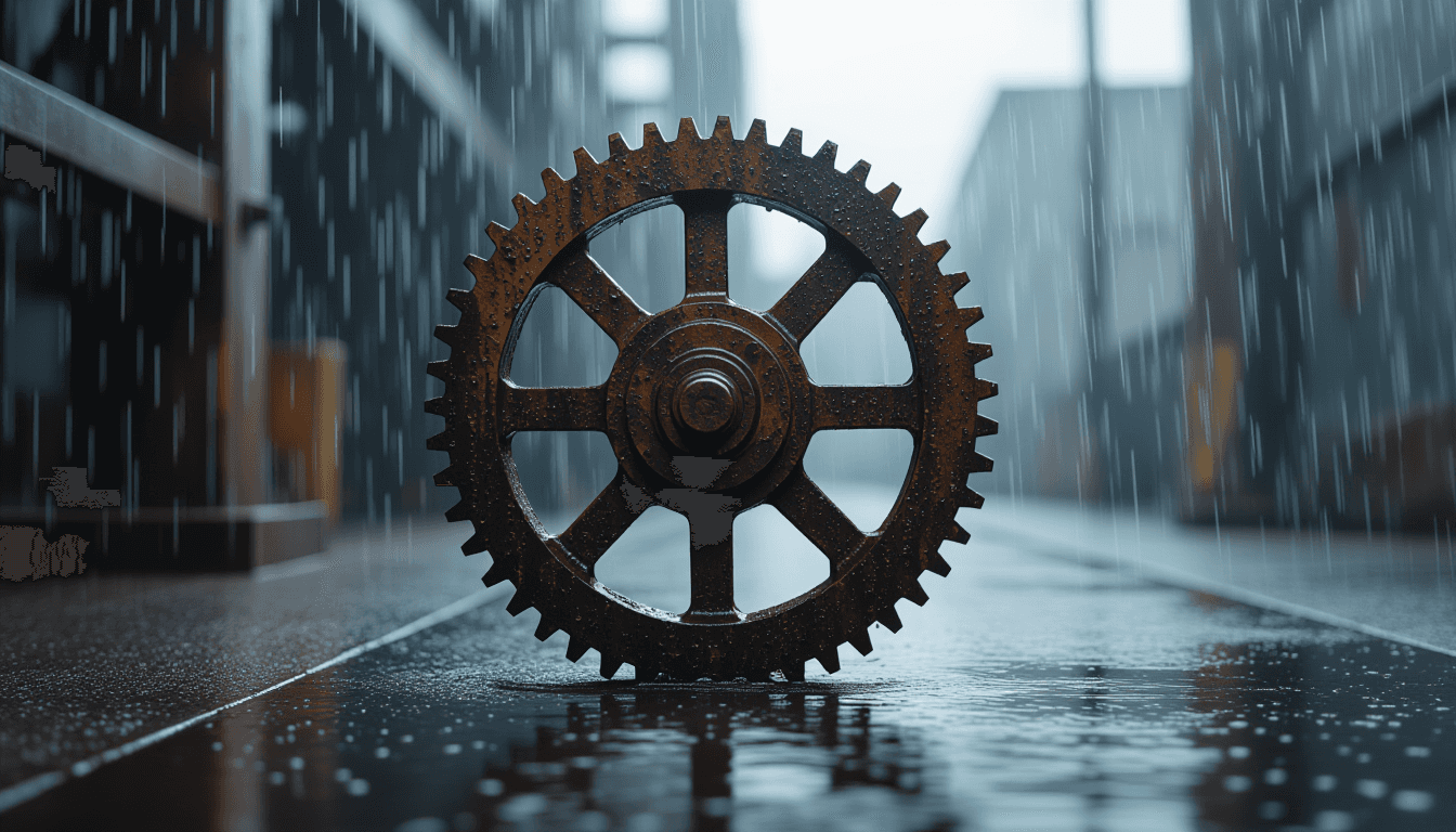 Rustic iron gears grind in slow motion under heavy rain, water droplets suspended mid-air, capturing