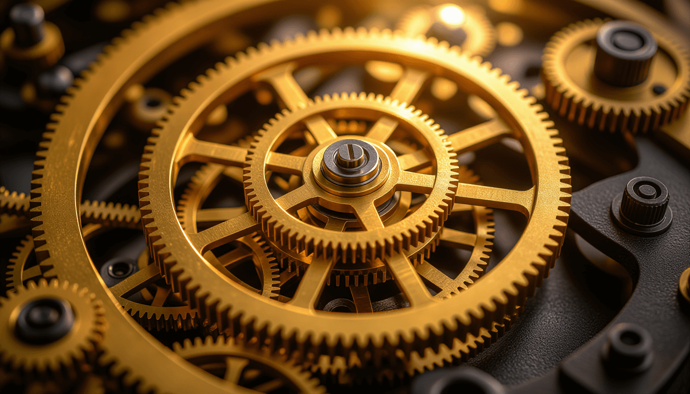 Golden hour light glints off intricate interlocking brass gears in a vintage industrial clockwork me