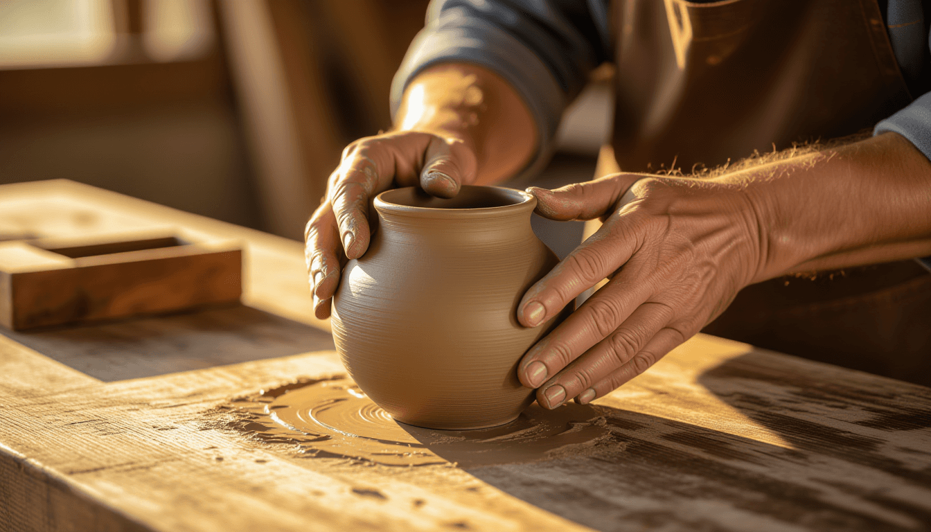 Golden hour light glints off weathered fingers pressing damp clay into a smooth, functional vase, ca