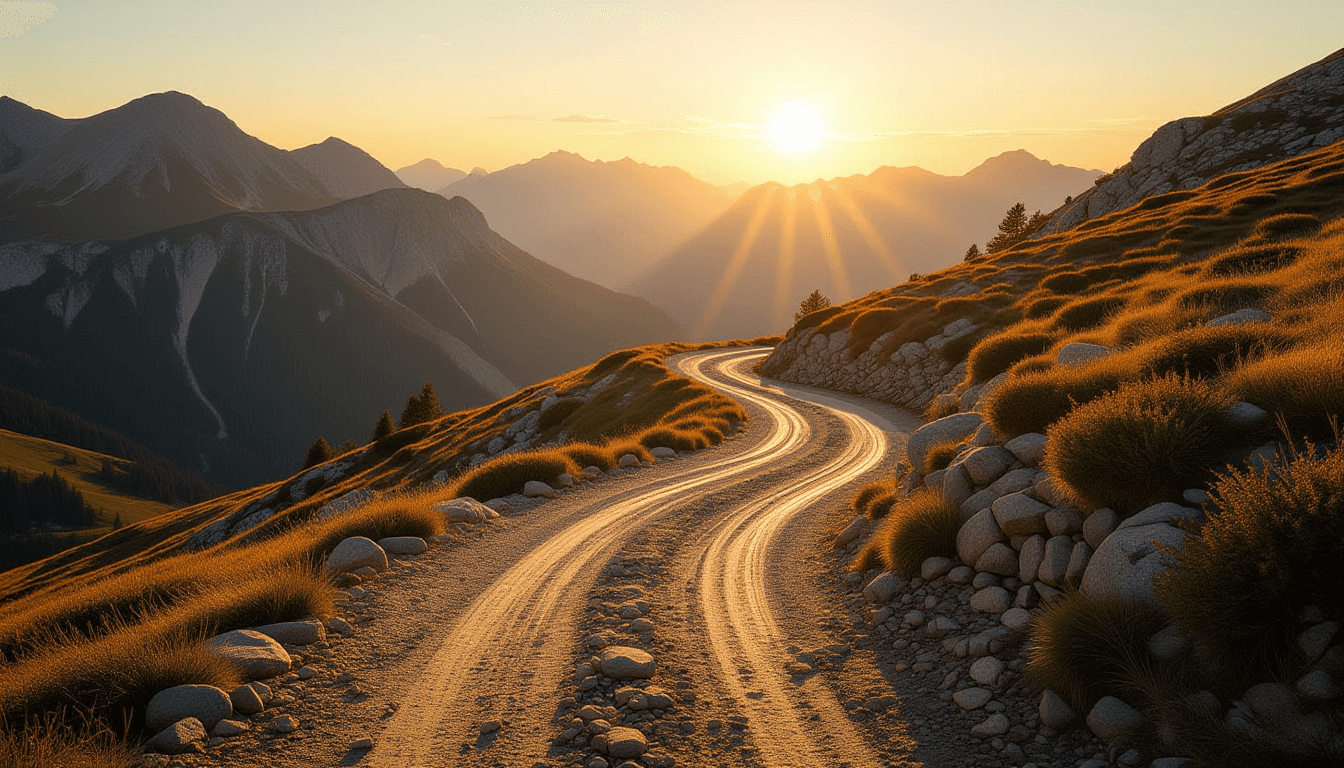 Golden hour light spills across a rugged mountain pass, illuminating a winding dirt trail that curve